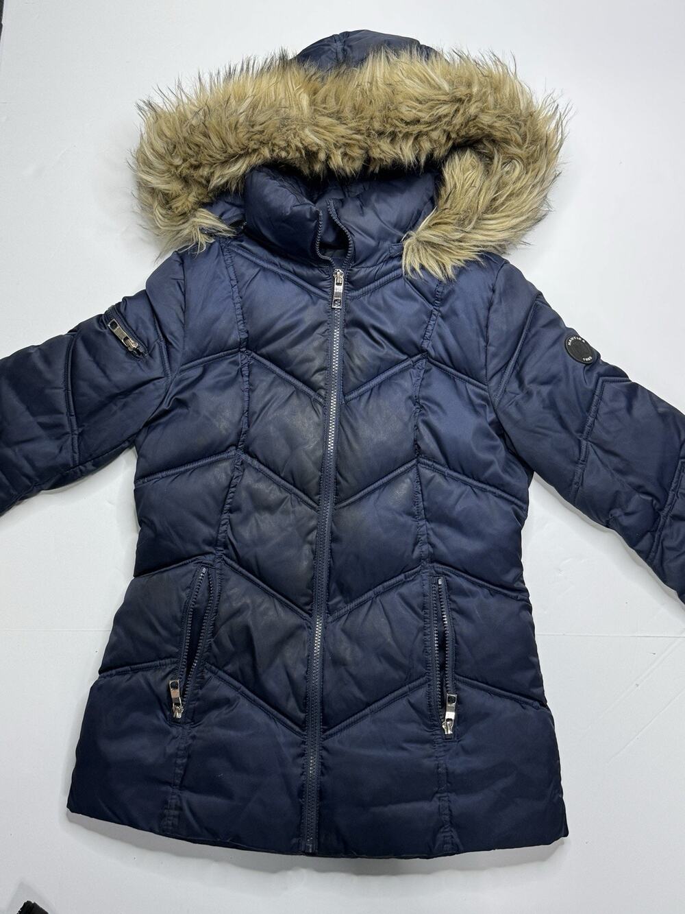 Nautica Womens XS Navy Hooded Chevron Puffer Coat Faux Fur Water Resistant